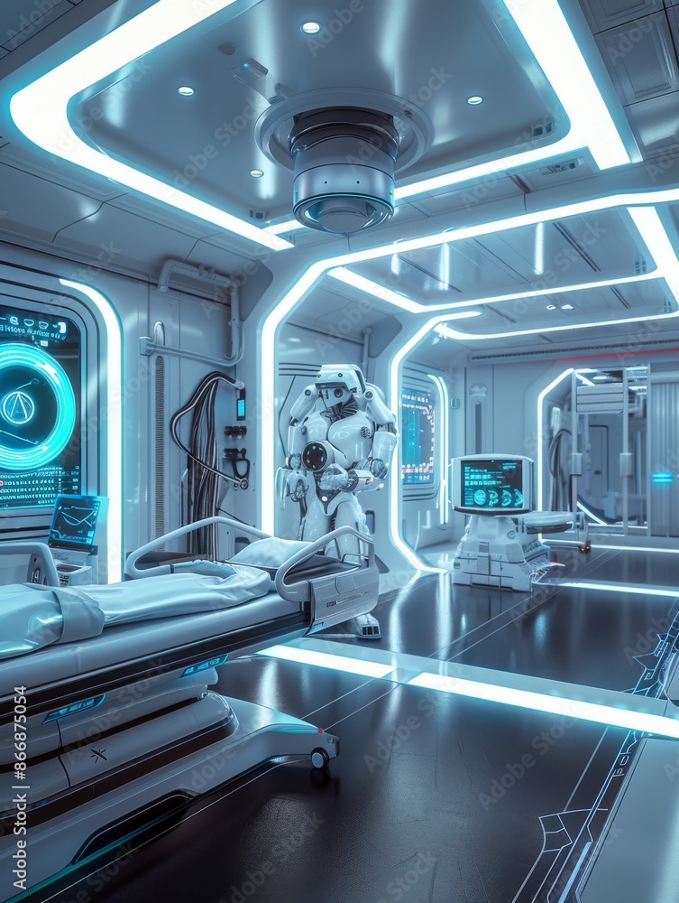Obraz premium Futuristic Hospital RoomRobotic Nurses and Innovative Technology