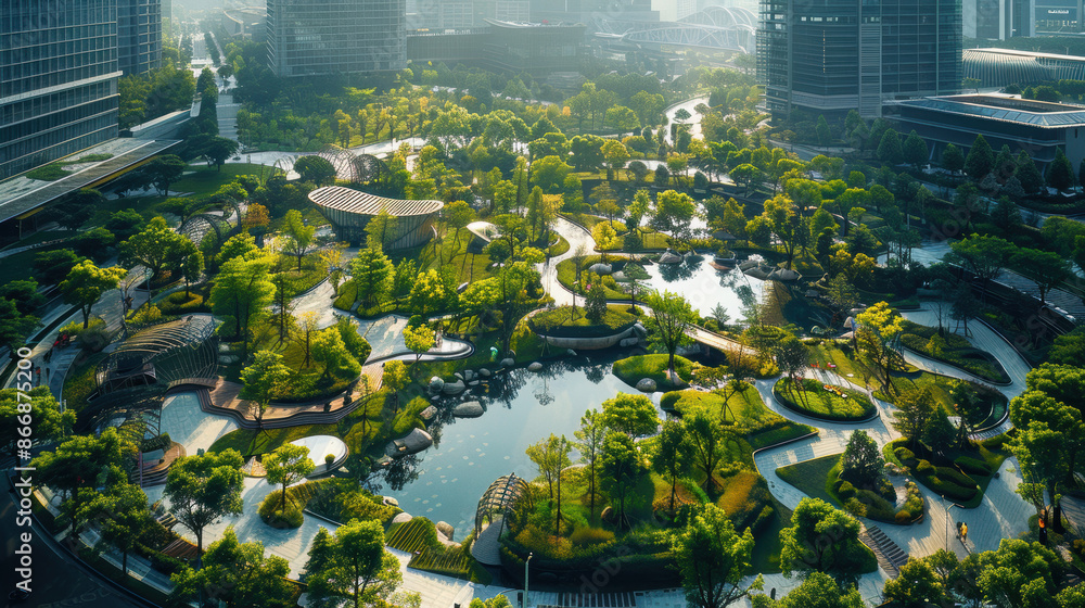 an aerial shot of a modern urban park surrounded by skyscrapers, with ...