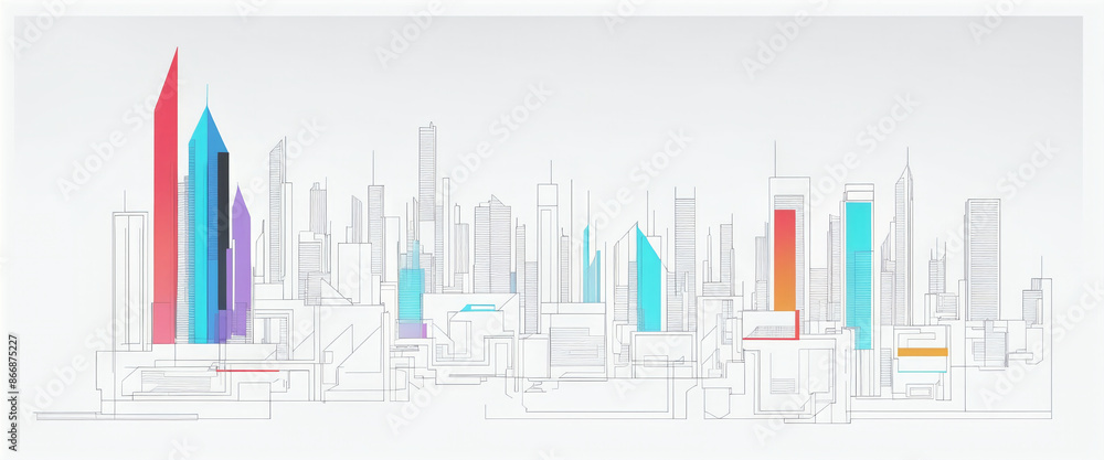 Clear and graphic depiction of a skyline consisting of dark lines and colored areas in an artistic architectural style Clear and graphic depiction of a skyline consisting of dark lines and colored areas in an artistic architectural style