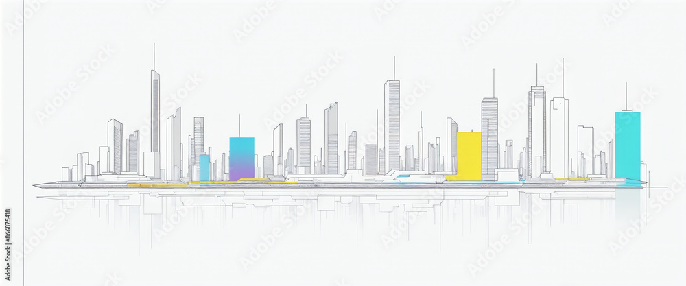 Clear and graphic depiction of a skyline consisting of dark lines and colored areas in an artistic architectural style Clear and graphic depiction of a skyline consisting of dark lines and colored areas in an artistic architectural style