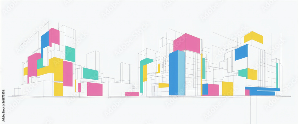 Clear and graphic depiction of a skyline consisting of dark lines and colored areas in an artistic architectural style Clear and graphic depiction of a skyline consisting of dark lines and colored areas in an artistic architectural style