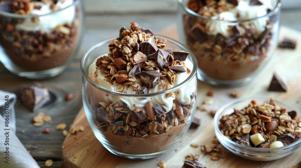 Chocolate Pudding Dessert with Whipped Cream and Chopped Nuts. Cocoa Peanut Butter Granola Chocolate Pudding Dessert with Whipped Cream and Chopped Nuts. Cocoa Peanut Butter Granola