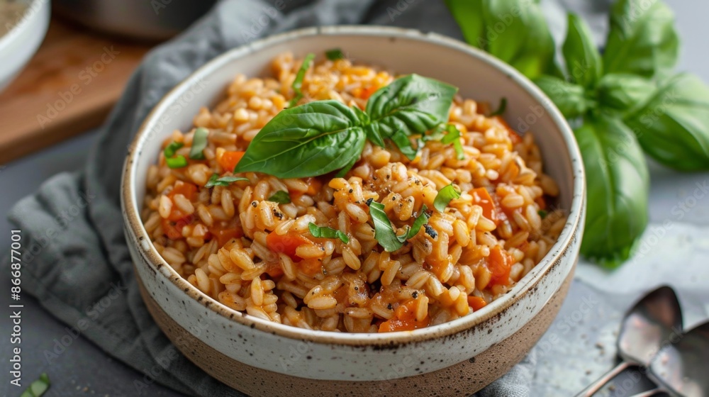 Hearty Tomato Basil Risotto in Rustic Bowl on Dark Background. Instant Pot Farro Risotto Hearty Tomato Basil Risotto in Rustic Bowl on Dark Background. Instant Pot Farro Risotto
