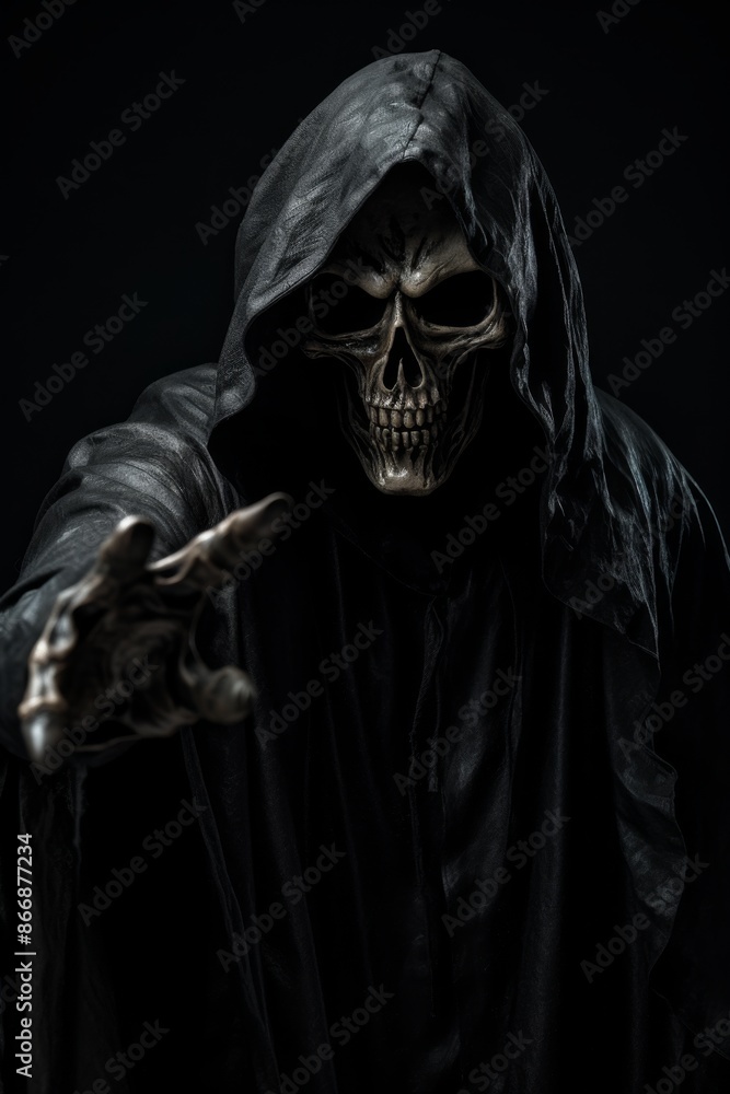 Grim reaper in hooded cloak reaching out. Dark and eerie concept for Halloween Grim reaper in hooded cloak reaching out. Dark and eerie concept for Halloween