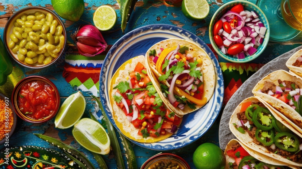 Mexican inspired taco recipe for Cinco de Mayo celebration on stone table Mexican inspired taco recipe for Cinco de Mayo celebration on stone table