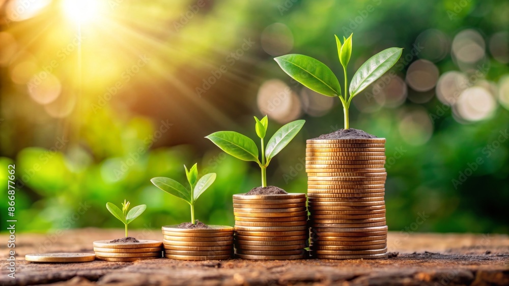 Green Saplings Growing Out of Stacked Gold Coins in a Sunny Forest. Saving. Green Saplings Growing Out of Stacked Gold Coins in a Sunny Forest. Saving.