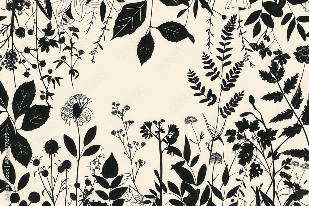 A background with black silhouettes of various leaves and flowers on a white background. This pattern is ideal for eco-design and green stores. Generative AI A background with black silhouettes of various leaves and flowers on a white background. This pattern is ideal for eco-design and green stores. Generative AI