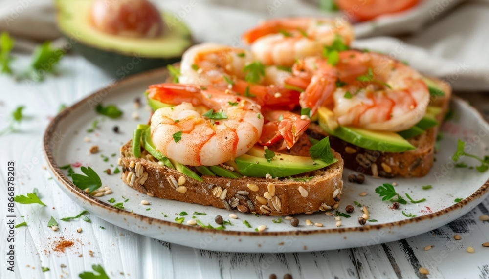 Avocado Shrimp Toast on a Rustic Plate Avocado Shrimp Toast on a Rustic Plate