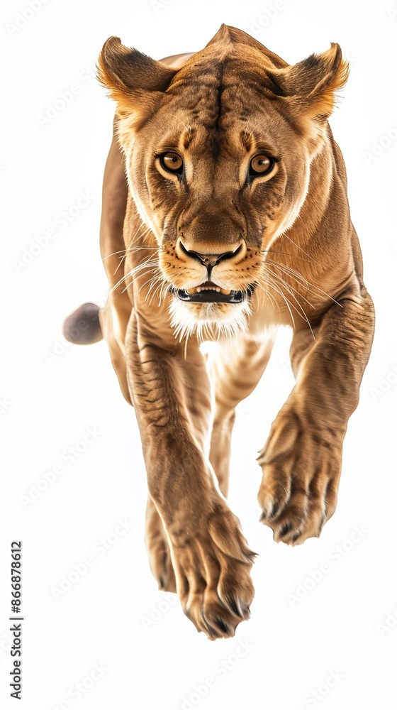 Obraz premium Lioness in motion against a white background, wildlife photography concept
