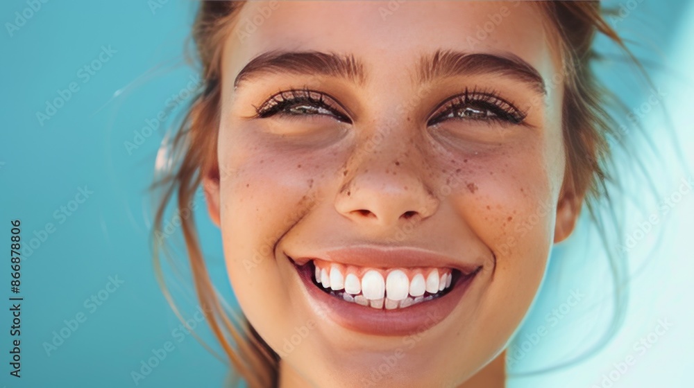 A young woman looks joyful and smiles brightly in the sunlight, radiating positive energy and happiness A young woman looks joyful and smiles brightly in the sunlight, radiating positive energy and happiness