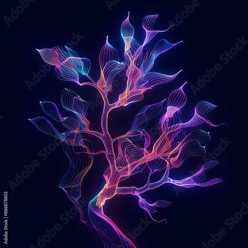 Bioluminescent Seaweed. Abstract Glowing Algae on Black Background