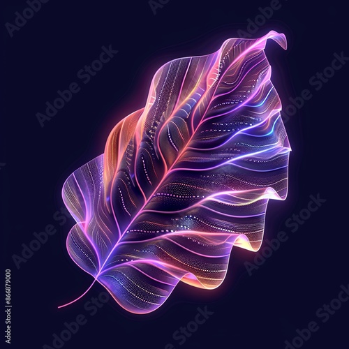 Glowing Neon Leaf. Abstract Digital Art with Vibrant Colors, Perfect for Nature, Technology, and Design Concepts