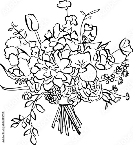 Ramo de novia dibujado a mano. Ilustración de ramo de flores en vector para invitaciones de boda, tarjeta reserva la fecha, papelería y diseño. 