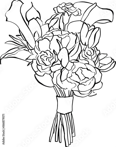 Ramo de novia dibujado a mano. Ilustración de ramo de flores en vector para invitaciones de boda, tarjeta reserva la fecha, papelería y diseño. 