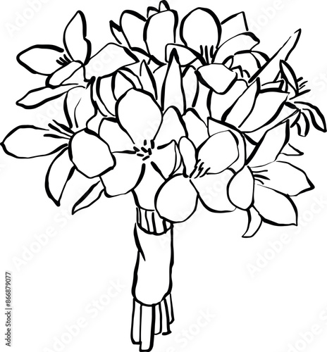 Ramo de novia dibujado a mano. Ilustración de ramo de flores en vector para invitaciones de boda, tarjeta reserva la fecha, papelería y diseño. 