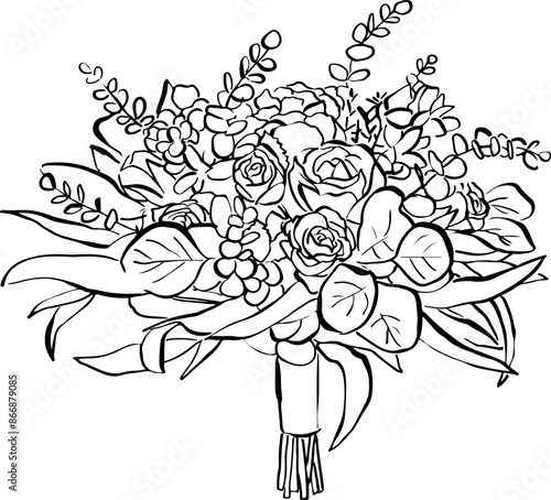 Ramo de novia dibujado a mano. Ilustración de ramo de flores en vector para invitaciones de boda, tarjeta reserva la fecha, papelería y diseño. 
