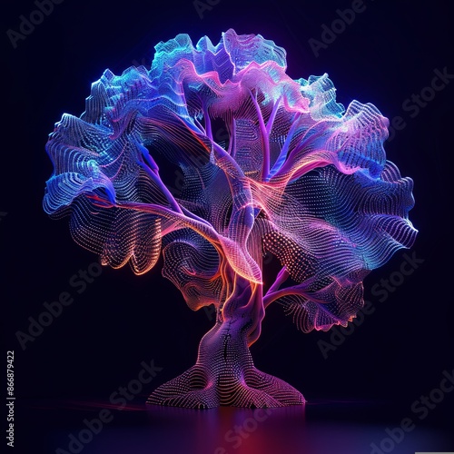Abstract glowing neon tree on a dark background. Concept of technology, nature, digital art, and artificial intelligence.