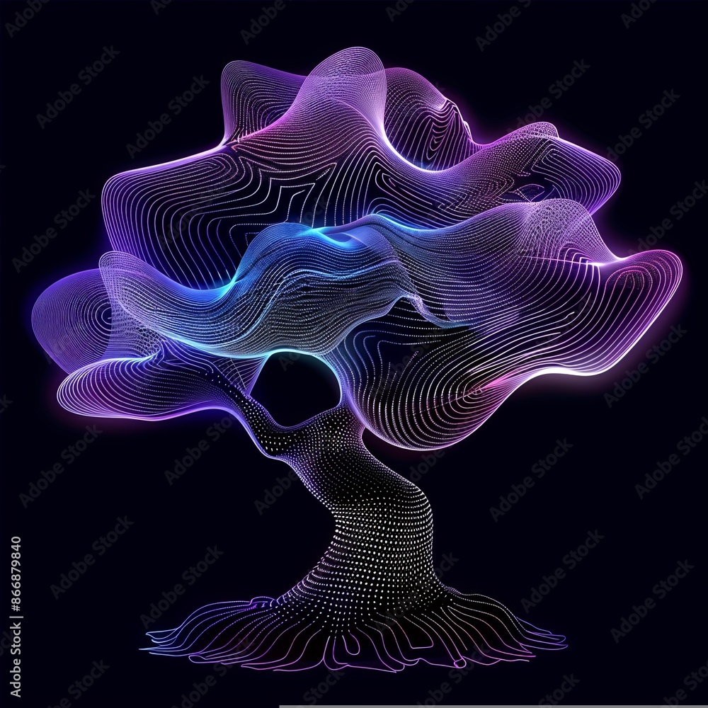 Fototapeta premium Abstract glowing tree of life on dark background, digital illustration. Concept of artificial intelligence, technology, nature, and growth