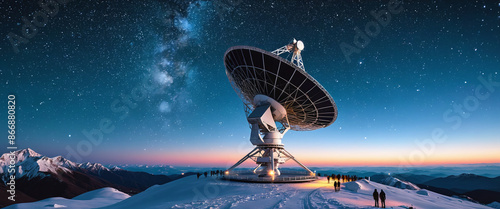Landscape with radio telescopes on ground and satellites in starry night sky