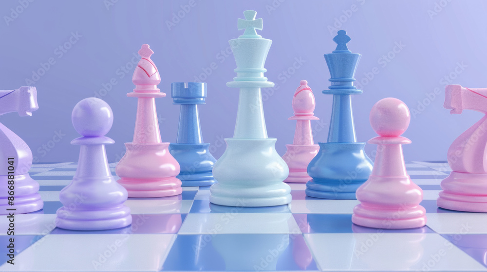International Chess Day. pastel-colored chess set with pieces in soft, candy-like hues arranged on board. gradient background, whimsical and playful.creative projects, children's activities International Chess Day. pastel-colored chess set with pieces in soft, candy-like hues arranged on board. gradient background, whimsical and playful.creative projects, children's activities