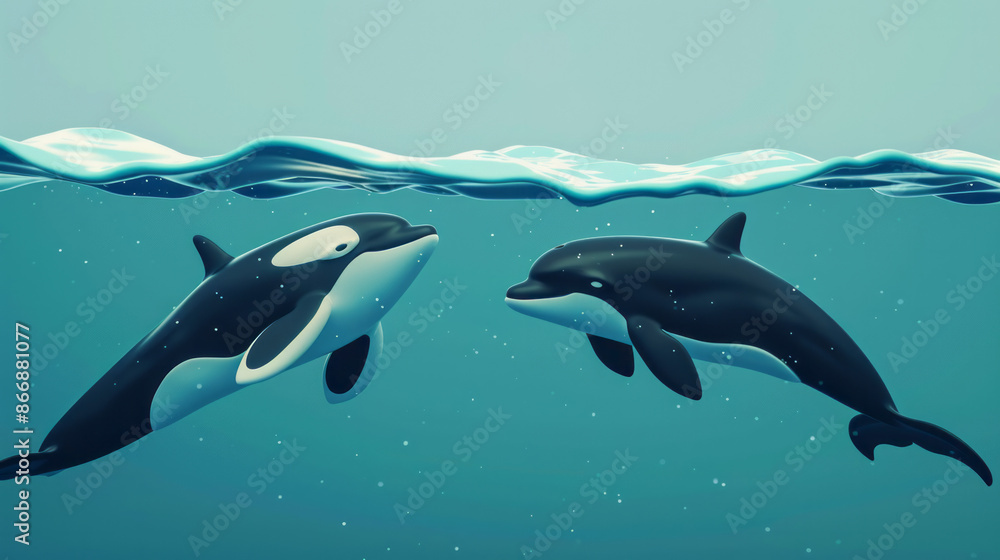 Fototapeta premium World Whale and Dolphin Day. 3d rendering of two cartoon orcas swimming together in the ocean. playful design, gentle waves, children's educational, aquarium, and environmental conservation
