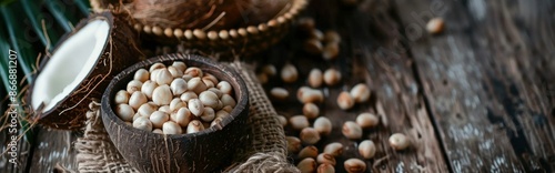 Coconuts and Seeds on Wooden Background