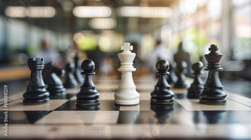 Wallpaper Mural International Chess Day. focused shot of a chessboard with pieces set for a game, in a contemporary office environment. strategy, corporate training, business-related, planning and foresight Torontodigital.ca