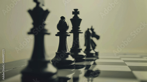 International Chess Day. minimalist, moody shot of black chess pieces lined up on board. game's strategic depth and the tension of competition. strategic planning, analytical thinking