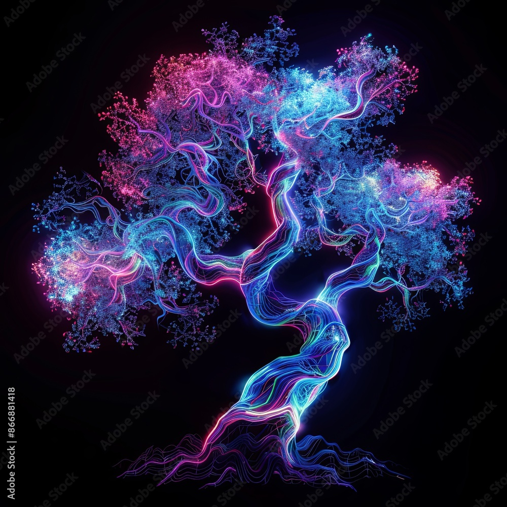 Obraz premium Glowing neon bonsai tree on a black background. Concept of nature, technology, and art.