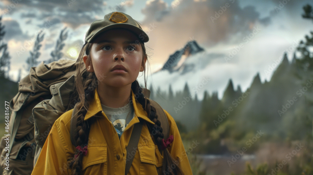 world ranger day. young girl scout wearing a yellow uniform stands in a forested area with mountains in the background, looking determined as she embarks on an adventurous hike world ranger day. young girl scout wearing a yellow uniform stands in a forested area with mountains in the background, looking determined as she embarks on an adventurous hike