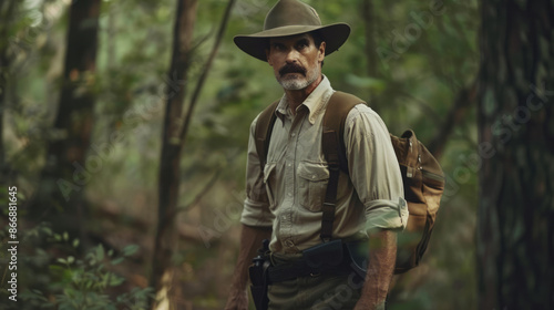 World Ranger Day. Elderly male ranger in a hat in wild nature, forest