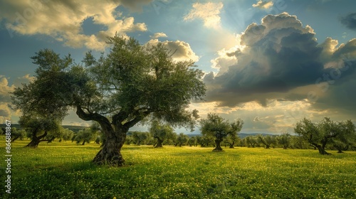 Olive trees in a field under a cloudy sky