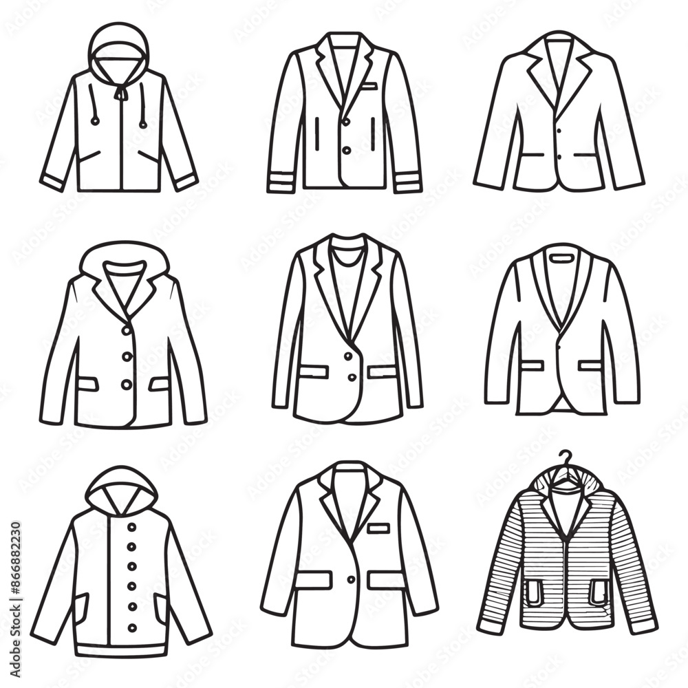 kid’s Clothing editable stroke outline icons set. Overcoat, blazer, shirts, sweater, t-shirts, pant, trousers, hoodie and vest. Vector illustration kid’s Clothing editable stroke outline icons set. Overcoat, blazer, shirts, sweater, t-shirts, pant, trousers, hoodie and vest. Vector illustration