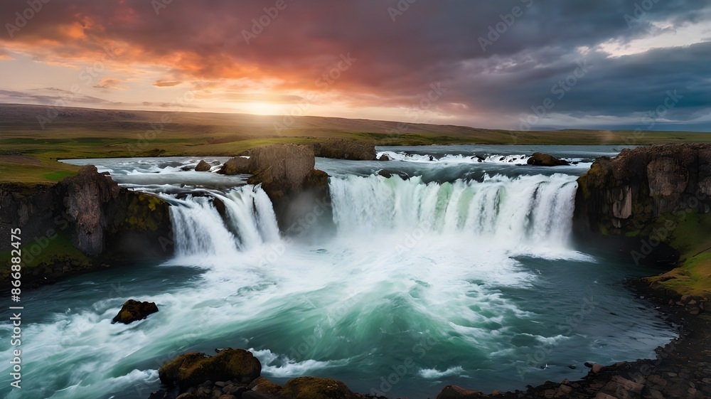 Top view of waterfall in the mountains with sunset and colorful sky Top view of waterfall in the mountains with sunset and colorful sky