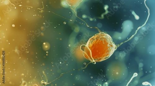 Close-up of the moment of fertilization under a microscope, showing the sperm meeting the egg in a controlled environment