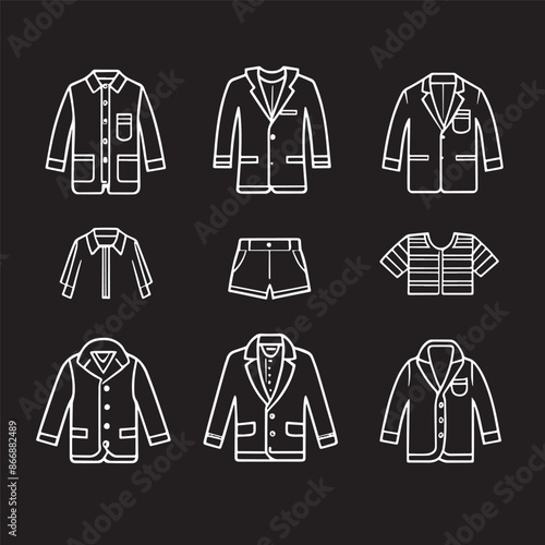 kid’s Clothing editable stroke outline icons set. Overcoat, blazer, shirts, sweater, t-shirts, pant, trousers, hoodie and vest. Vector illustration