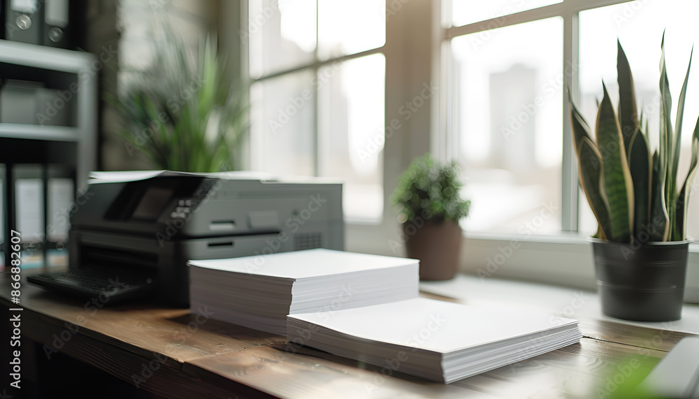 Fototapeta premium Stack of paper on wooden table near window sill with modern printer in office