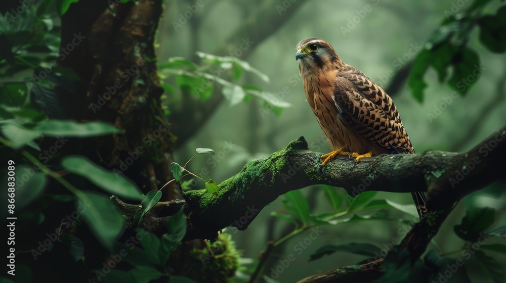 Bird of prey perched on a mossy branch in a lush forest Bird of prey perched on a mossy branch in a lush forest