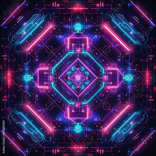 Abstract futuristic background with glowing neon geometric shapes, lines, and glowing lights. Cyberpunk, technology, virtual reality concept.