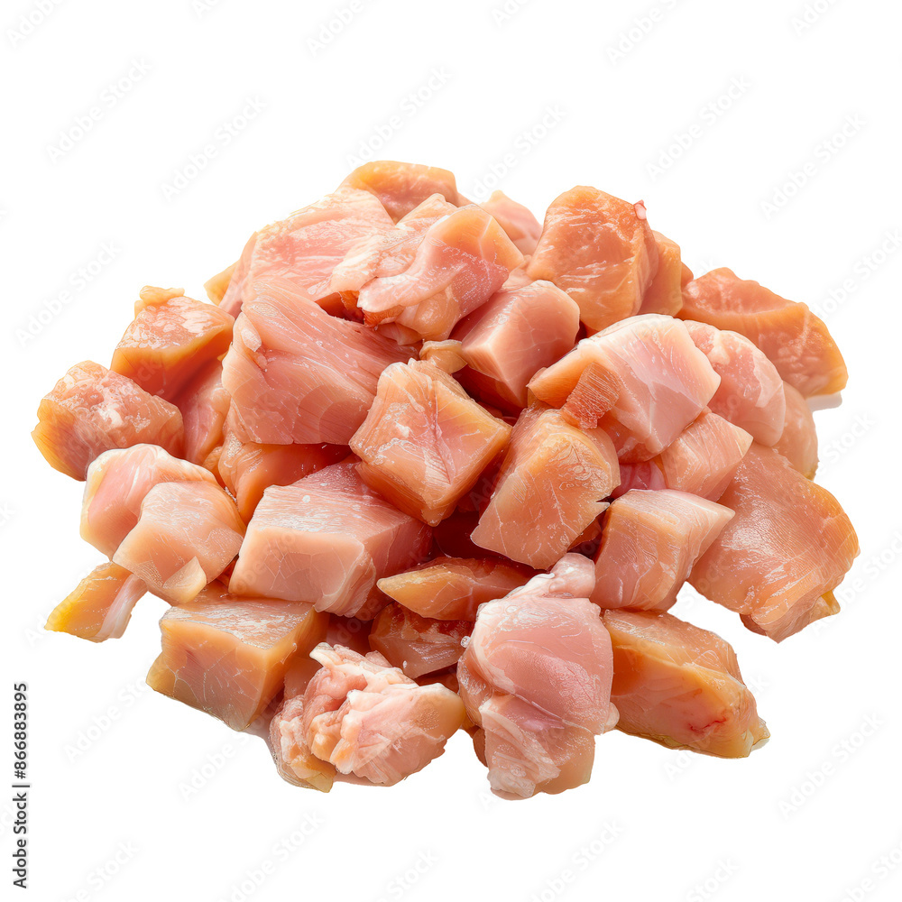 Fresh raw diced chicken breast cubes for cooking, close-up cut out png on transparent background Fresh raw diced chicken breast cubes for cooking, close-up cut out png on transparent background