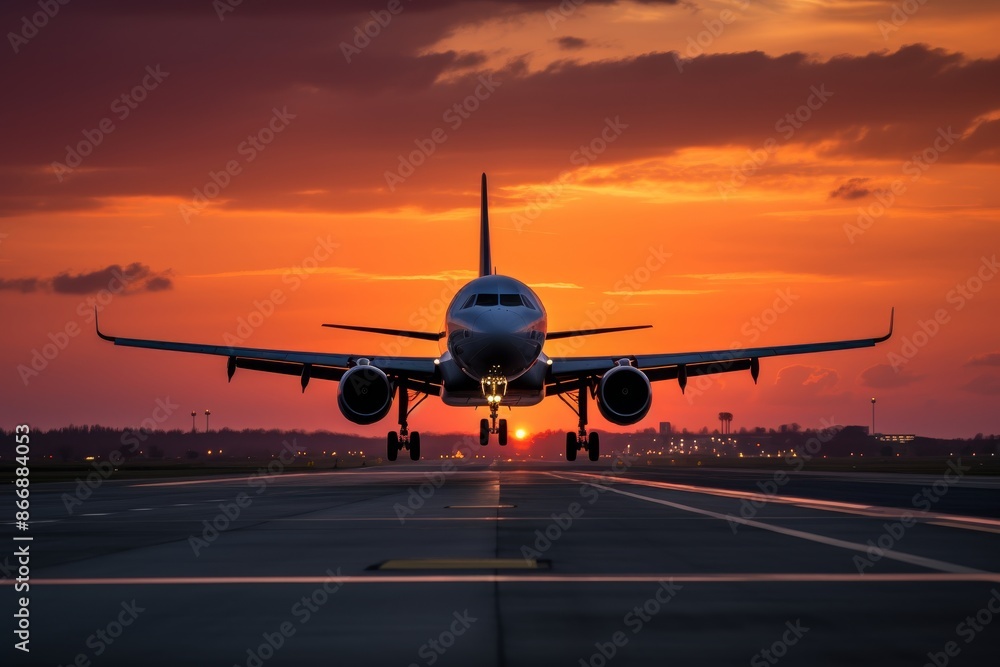 Large commercial aircraft taking off at sunset with landing gear down in dramatic scenic sky Large commercial aircraft taking off at sunset with landing gear down in dramatic scenic sky