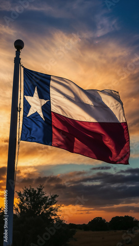 Texas flag on sunset background