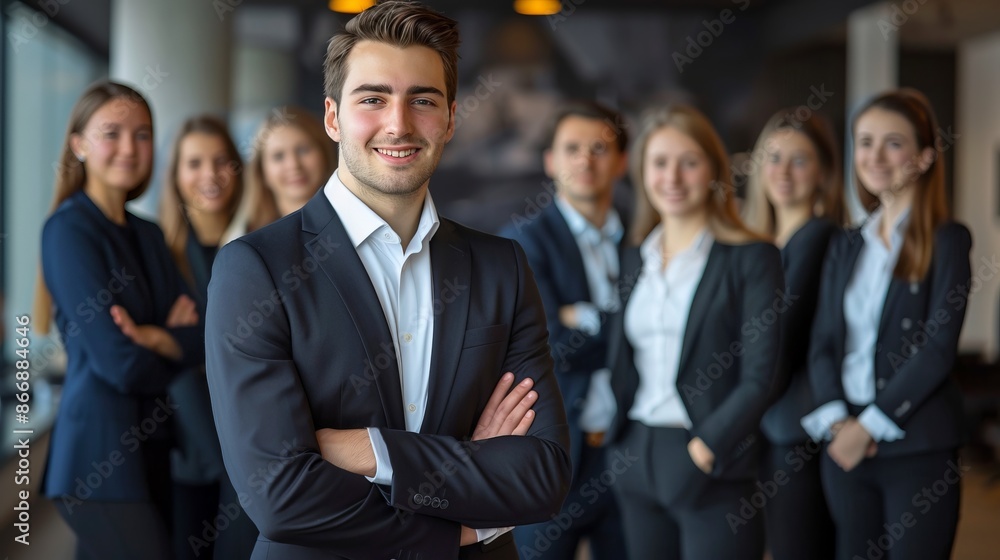 Confident business professional standing in front of his team in a modern office setting. Business attire and professional demeanor. Confident business professional standing in front of his team in a modern office setting. Business attire and professional demeanor.