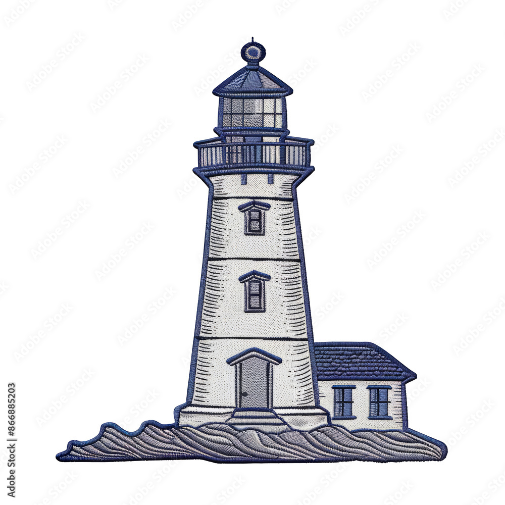 Detailed Embroidered Lighthouse Patch with House on Ocean Waves - Nautical Theme cut out png on transparent background Detailed Embroidered Lighthouse Patch with House on Ocean Waves - Nautical Theme cut out png on transparent background