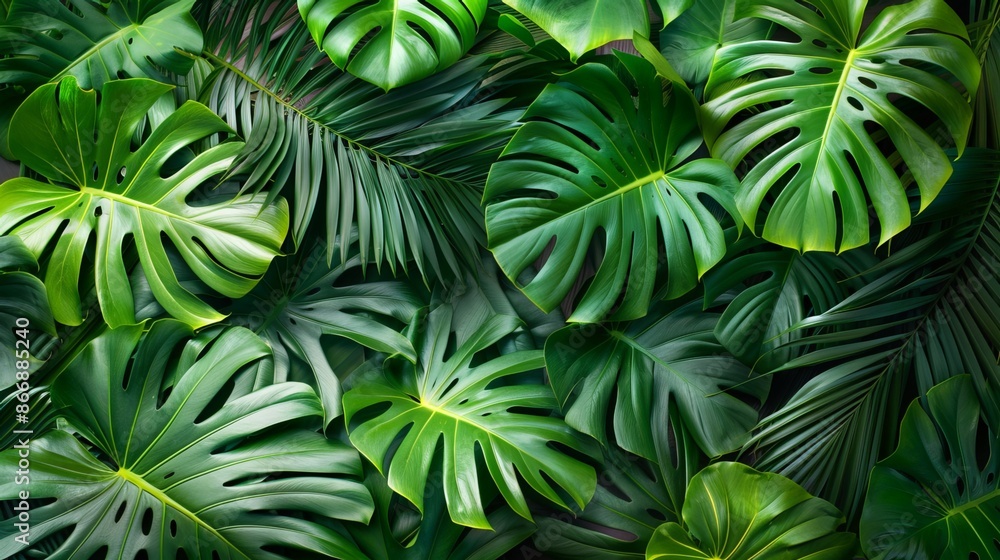 Overhead view of lush tropical palm leaves laid out flat Overhead view of lush tropical palm leaves laid out flat