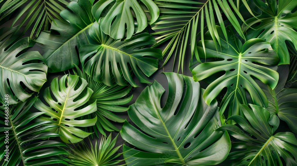 Overhead view of lush tropical palm leaves laid out flat Overhead view of lush tropical palm leaves laid out flat