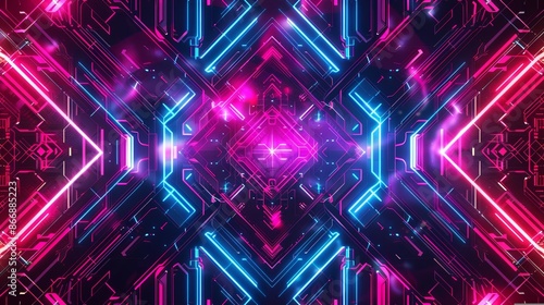 Vivid neon lights background, glowing lines, fluorescent ultraviolet light, vibrant colors, abstract design, geometric shapes. Perfect for music, technology, gaming, or futuristic themes.