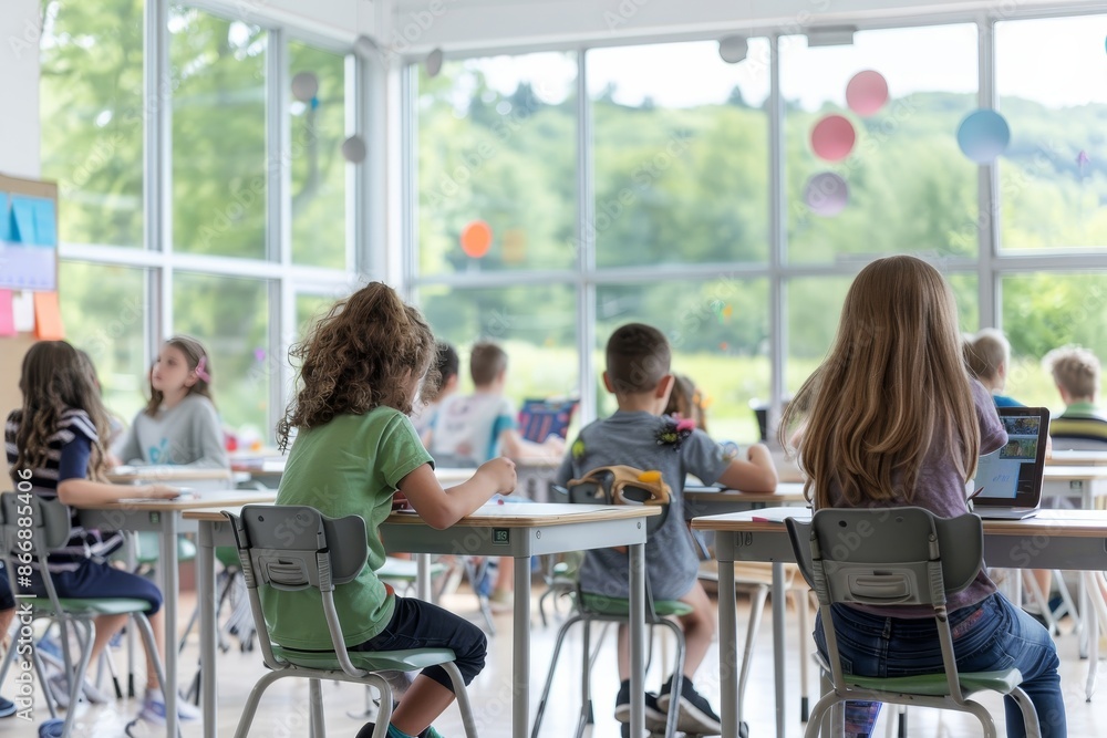 A modern classroom with students interacting with technology, including laptops, tablets, and interactive whiteboards. The scene highlights the use of digital tools and smart classroom A modern classroom with students interacting with technology, including laptops, tablets, and interactive whiteboards. The scene highlights the use of digital tools and smart classroom