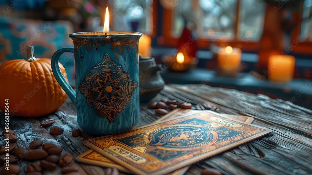 Fototapeta premium turkish tea set, pumpkin and tarot cards 