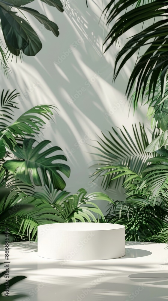 White podium in a tropical setting with green leaves and shadows, minimalist nature concept White podium in a tropical setting with green leaves and shadows, minimalist nature concept